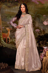 Misty Rose Pink Glass Tissue Organza Embroidered Saree