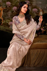 Misty Rose Pink Glass Tissue Organza Embroidered Saree