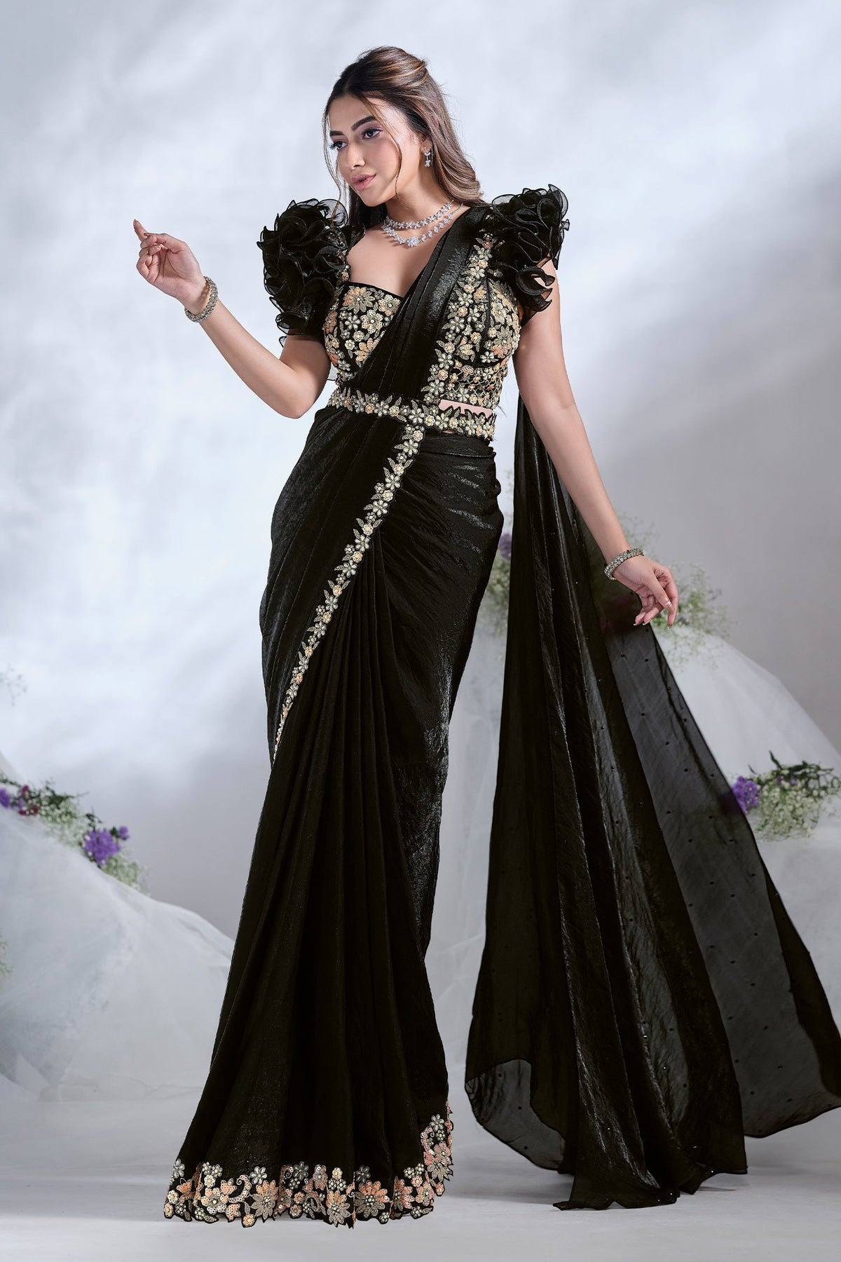 Black Two Toned Satin Silk Sequin Pearl Work Readymade Saree - black silk saree