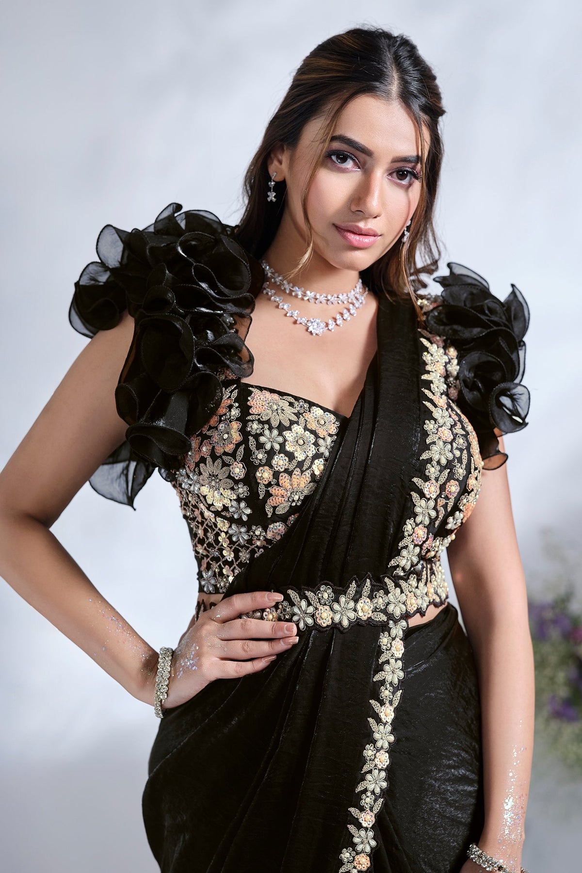 Black Two Toned Satin Silk Sequin Pearl Work Readymade Saree - black silk saree