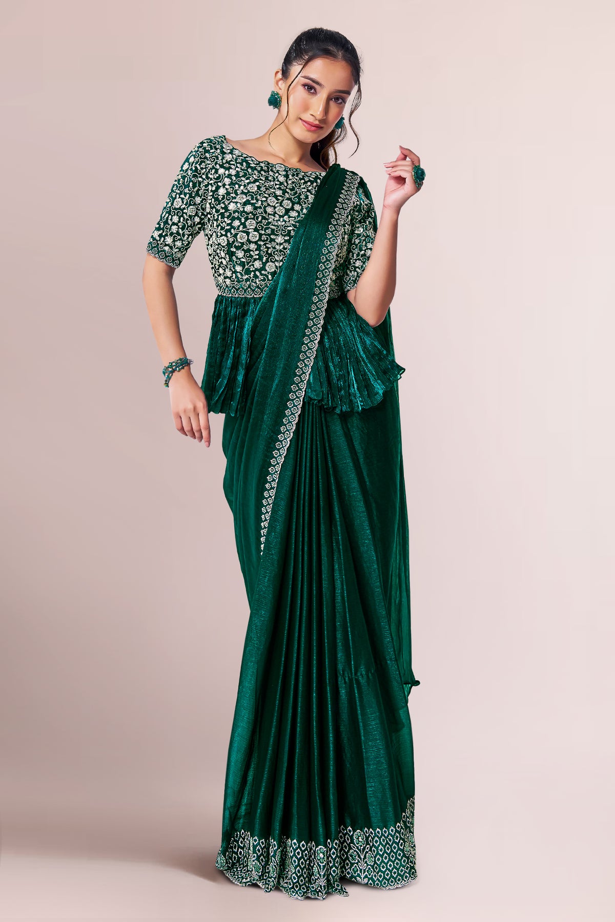 Green Shimmer Chiffon Readymade Saree with Peplum Style Blouse - green chiffon saree