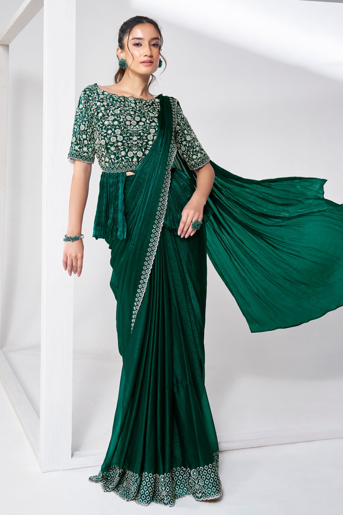 Green Shimmer Chiffon Readymade Saree with Peplum Style Blouse - green chiffon saree