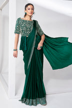 Green Shimmer Chiffon Readymade Saree with Peplum Style Blouse - green chiffon saree