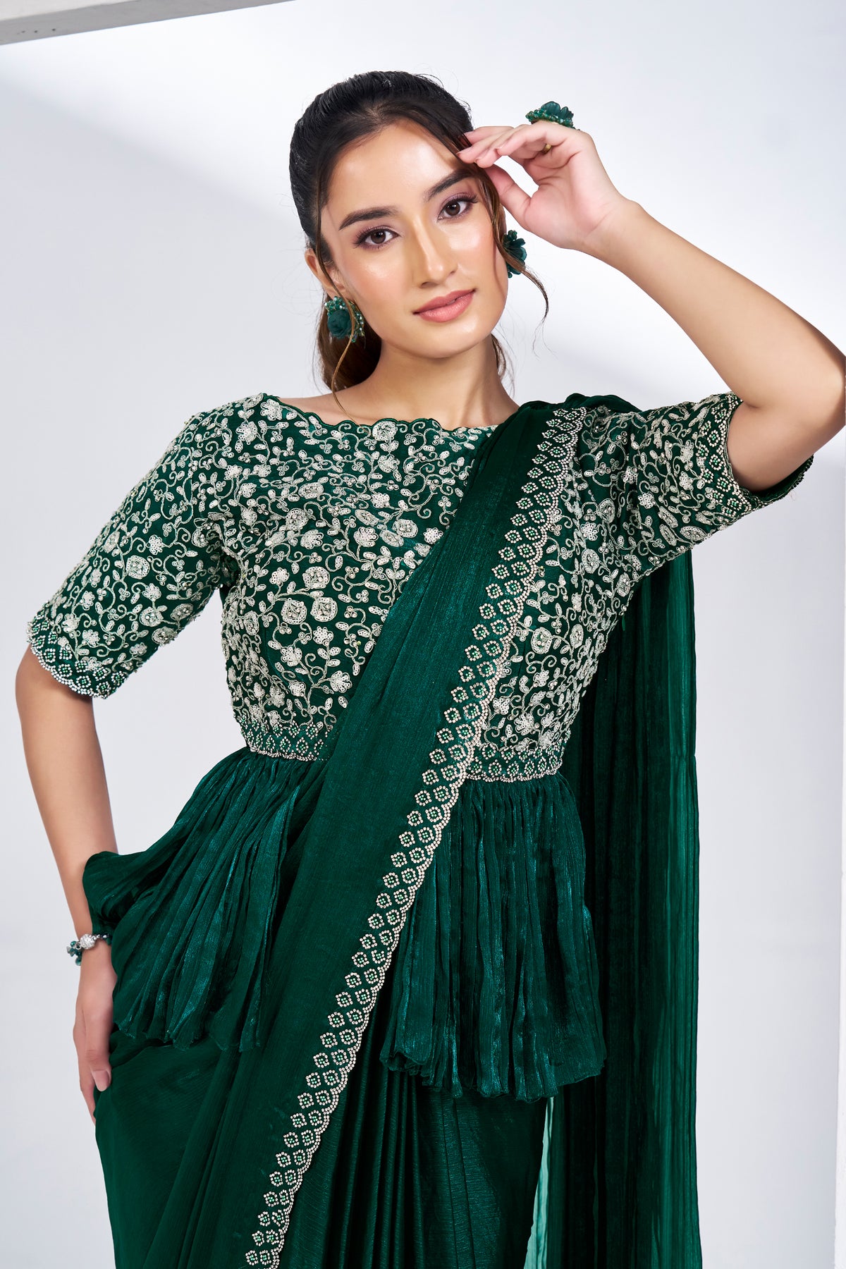 Green Shimmer Chiffon Readymade Saree with Peplum Style Blouse - green chiffon saree