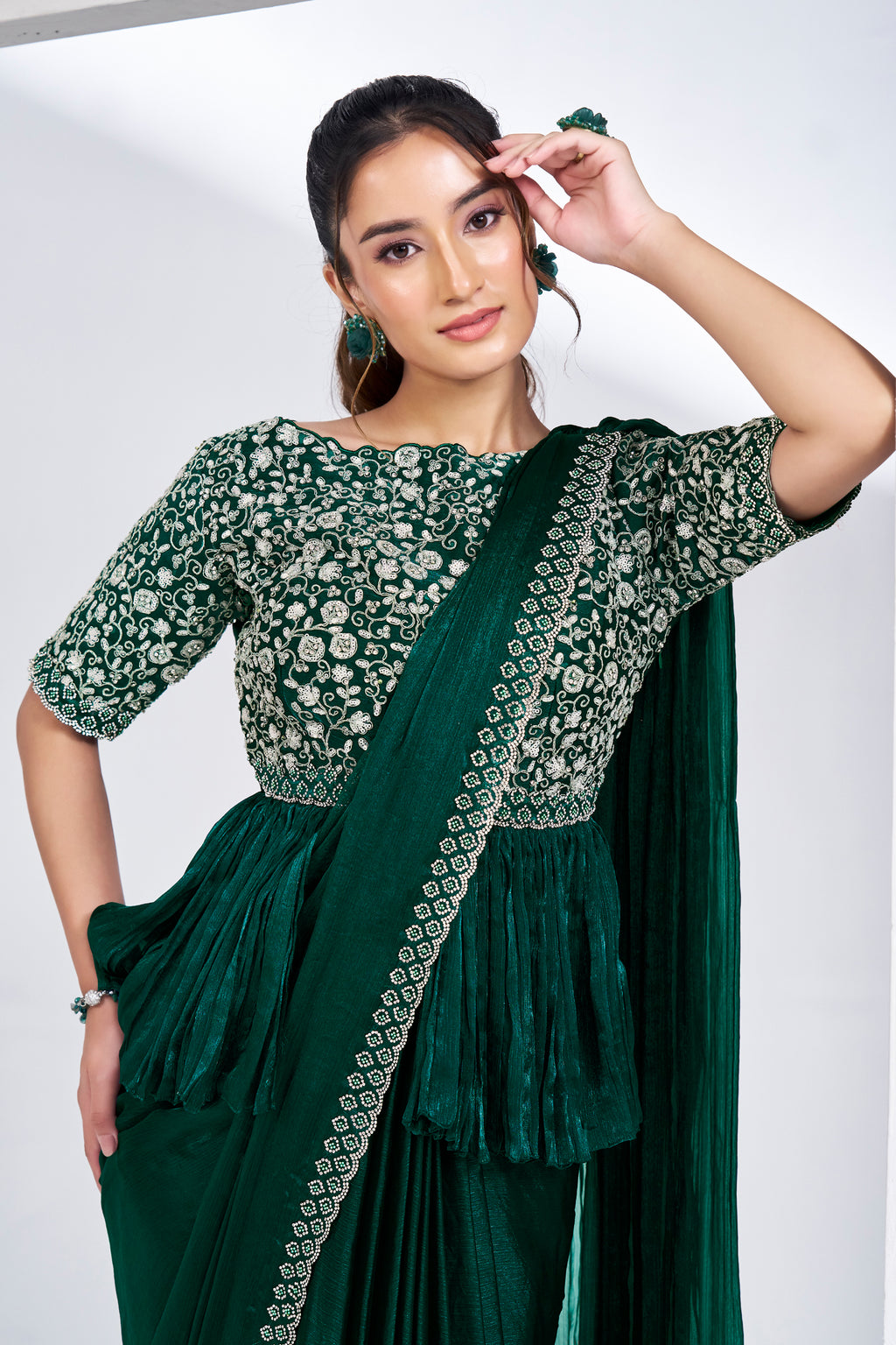 Green Shimmer Chiffon Readymade Saree with Peplum Style Blouse - green chiffon saree