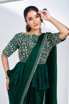 Green Shimmer Chiffon Readymade Saree with Peplum Style Blouse - green chiffon saree