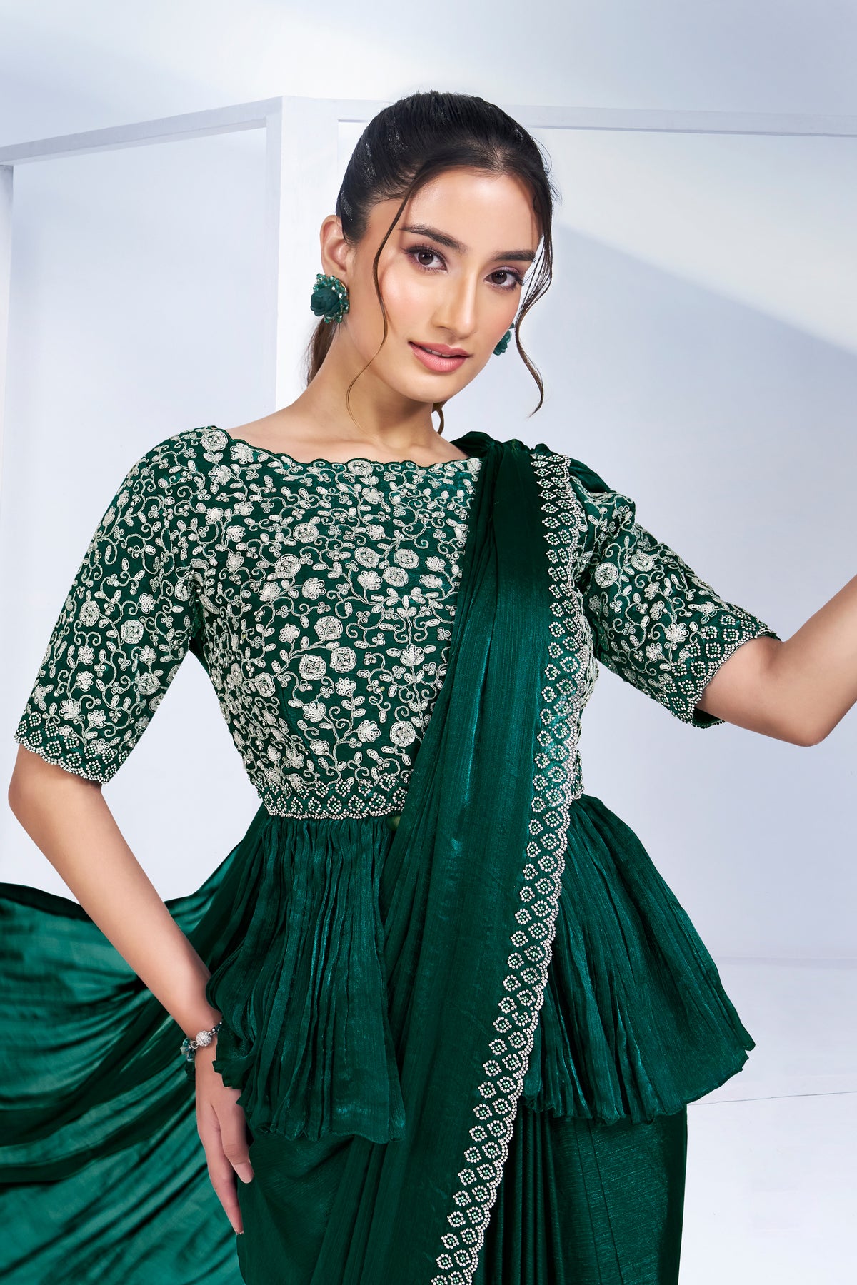 Green Shimmer Chiffon Readymade Saree with Peplum Style Blouse - green chiffon saree