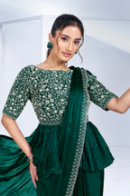 Green Shimmer Chiffon Readymade Saree with Peplum Style Blouse - green chiffon saree