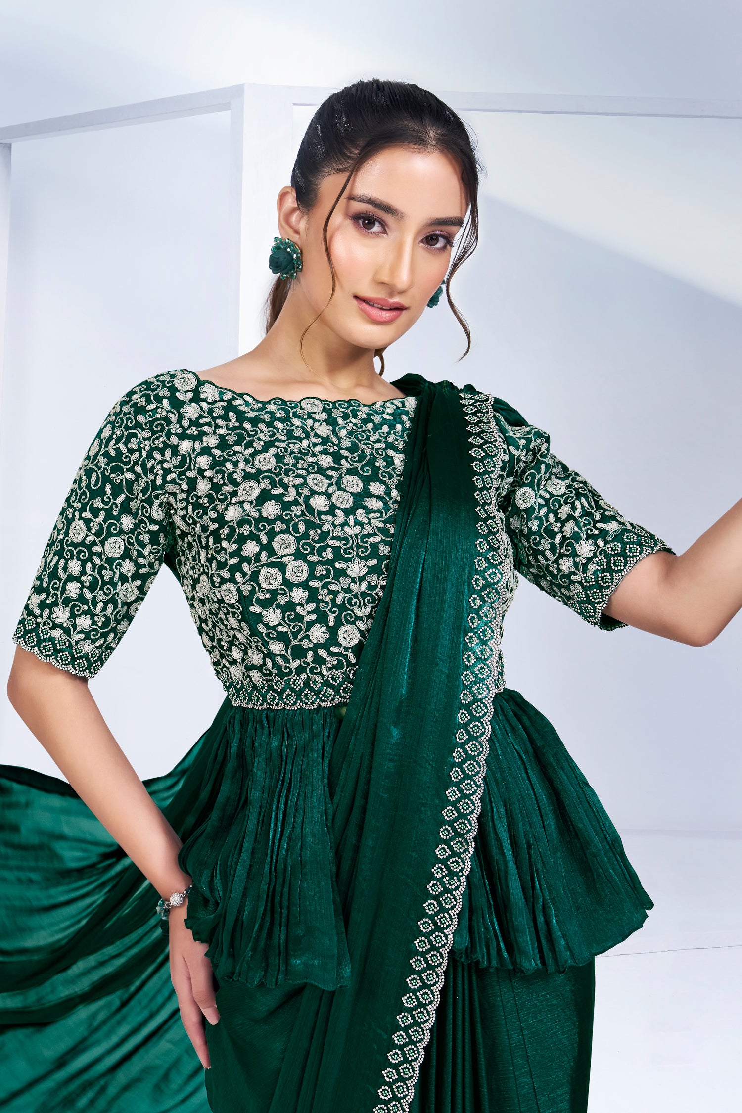 Green Shimmer Chiffon Readymade Saree with Peplum Style Blouse - green chiffon saree
