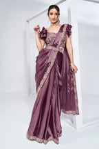 Lavender Crepe Satin Silk Readymade Saree with Beads Embroidery Lace and Pentagon Neckline Blouse - lavender silk saree embro