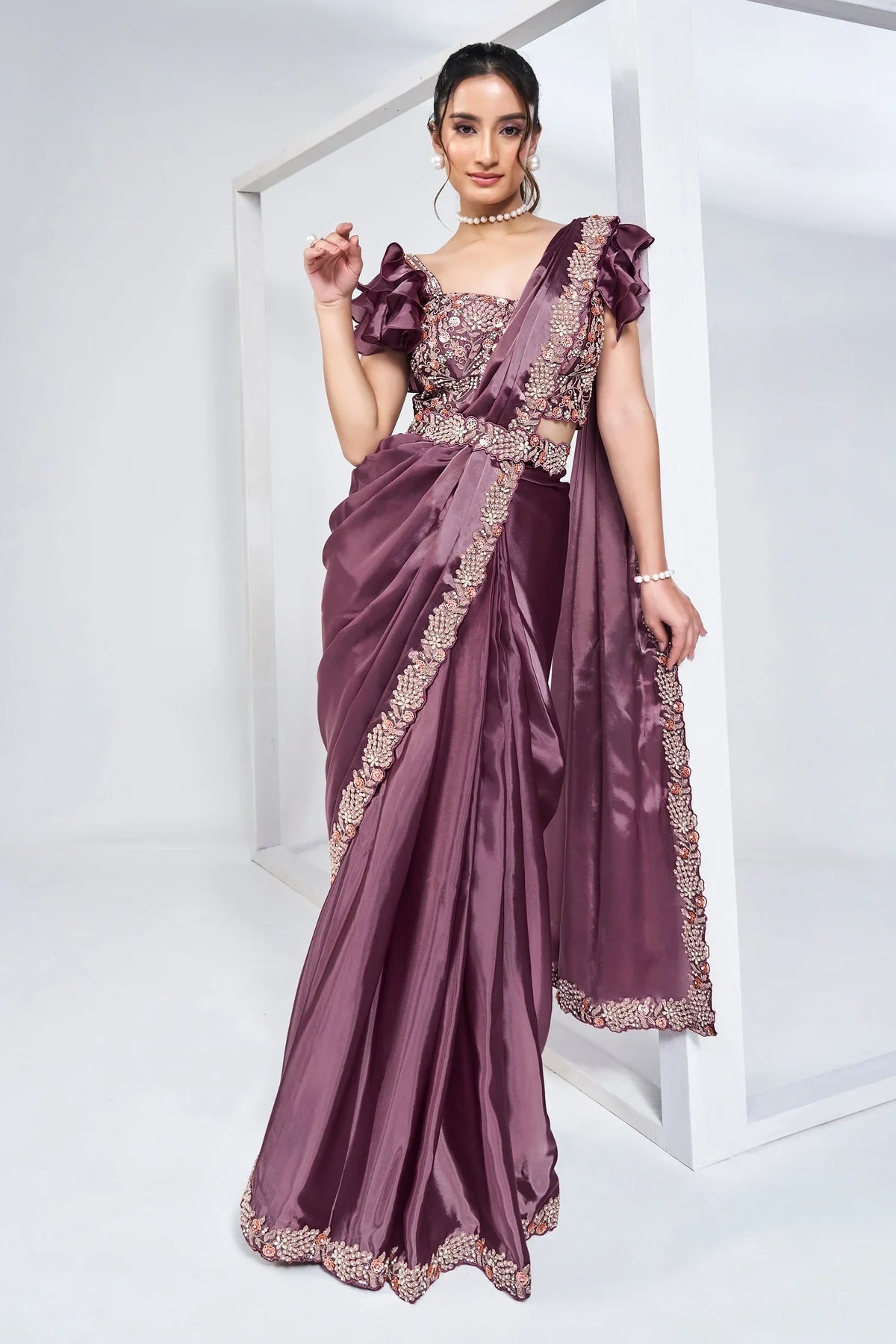 Lavender Crepe Satin Silk Readymade Saree with Beads Embroidery Lace and Pentagon Neckline Blouse - lavender silk saree embro