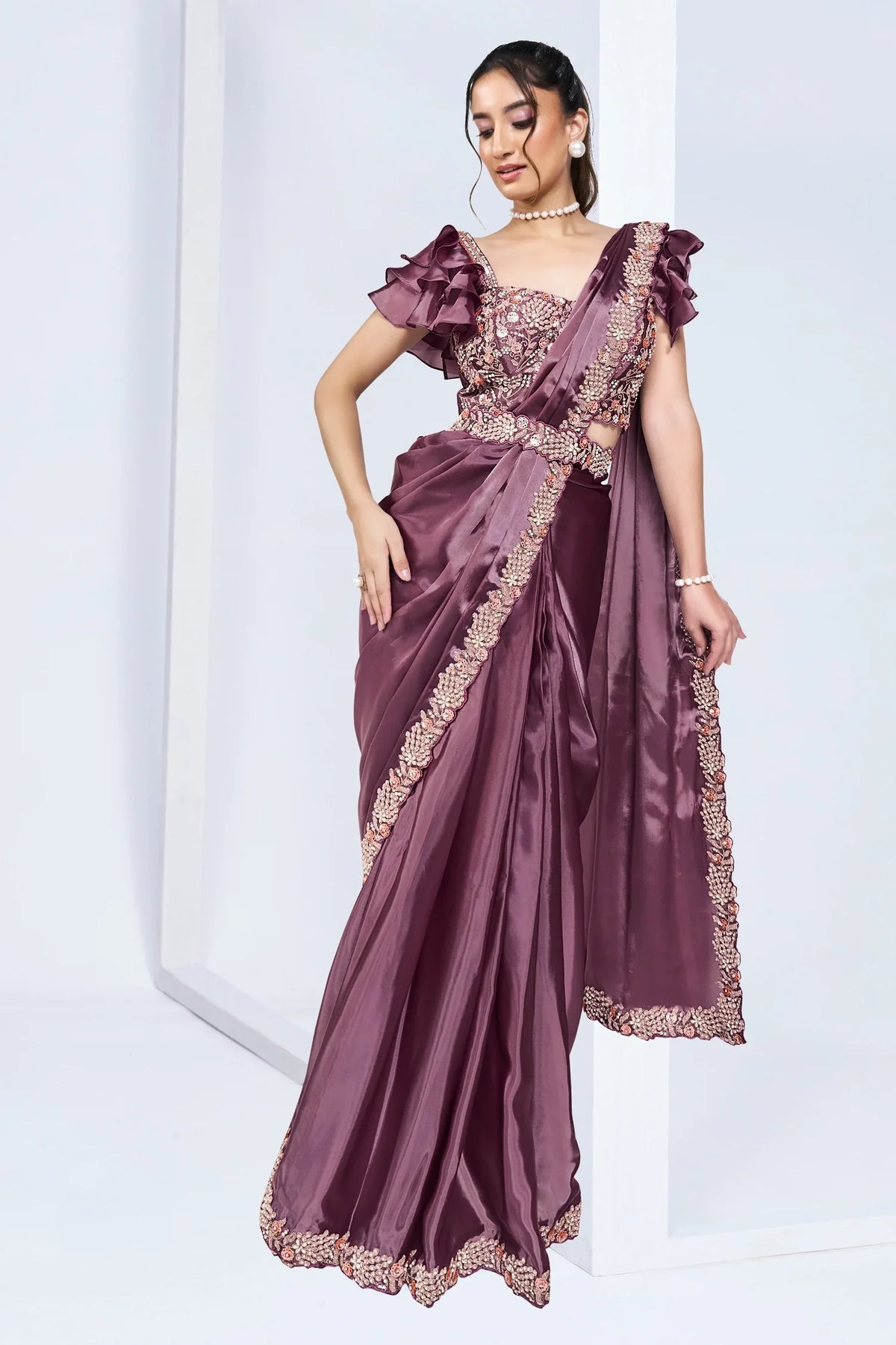 Lavender Crepe Satin Silk Readymade Saree with Beads Embroidery Lace and Pentagon Neckline Blouse - lavender silk saree embro