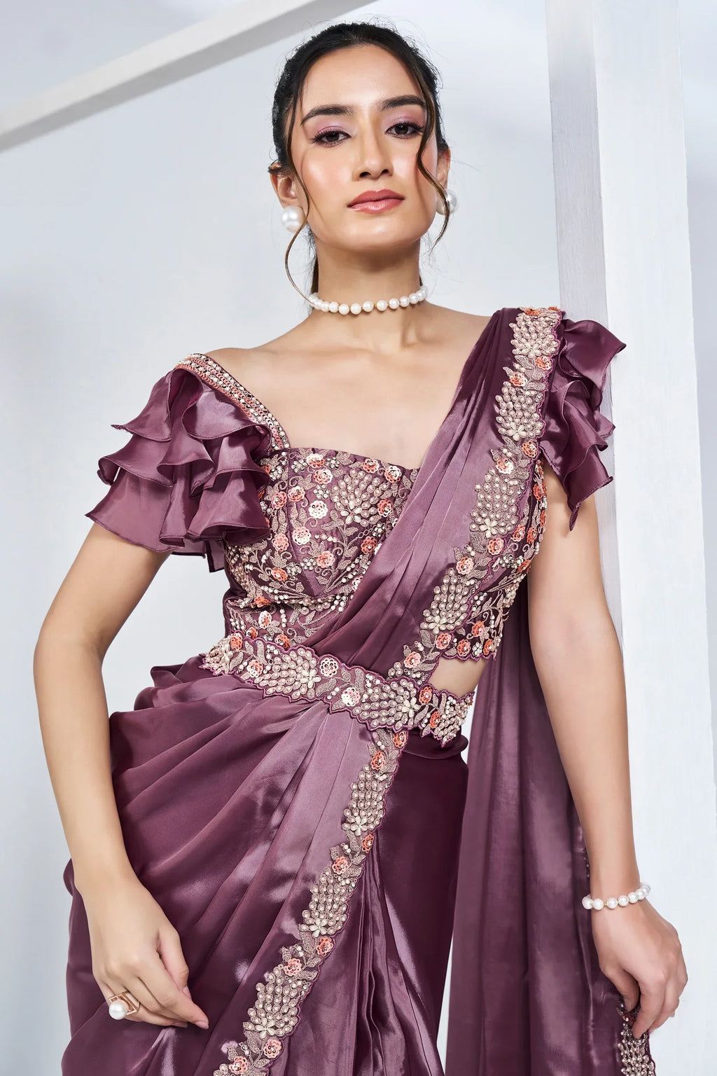 Lavender Crepe Satin Silk Readymade Saree with Beads Embroidery Lace and Pentagon Neckline Blouse - lavender silk saree embro