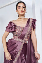 Lavender Crepe Satin Silk Readymade Saree with Beads Embroidery Lace and Pentagon Neckline Blouse - lavender silk saree embro