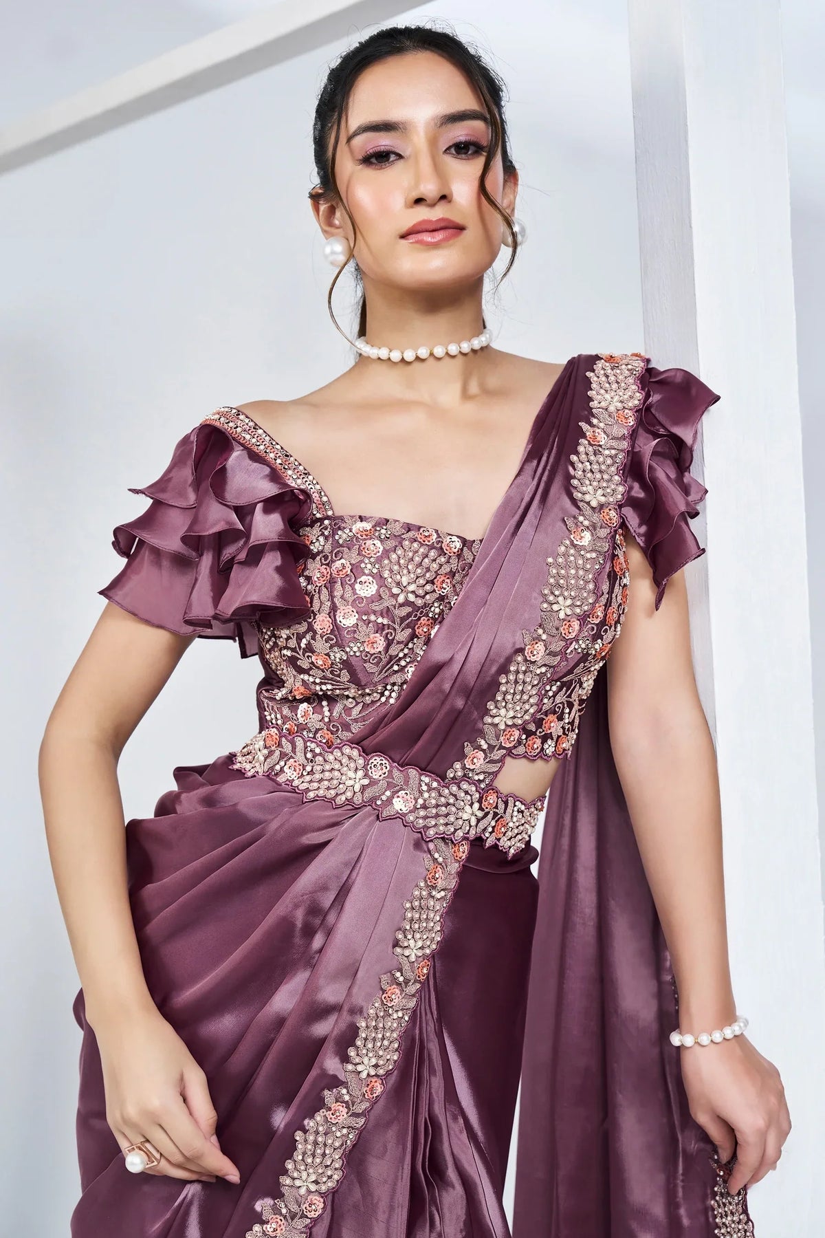 Lavender Crepe Satin Silk Readymade Saree with Beads Embroidery Lace and Pentagon Neckline Blouse - lavender silk saree embro