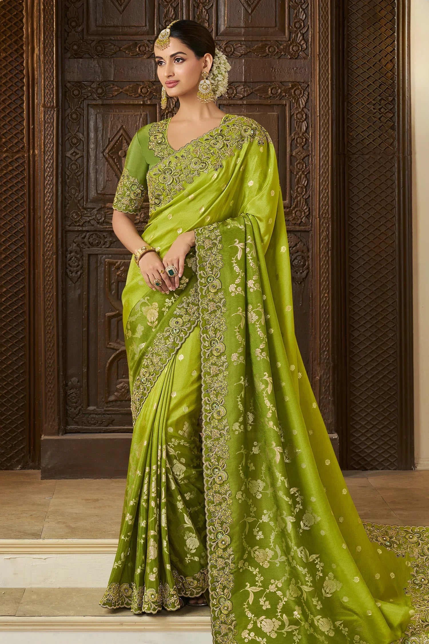 Green Ombre Tissue Woven Saree with Embroidery