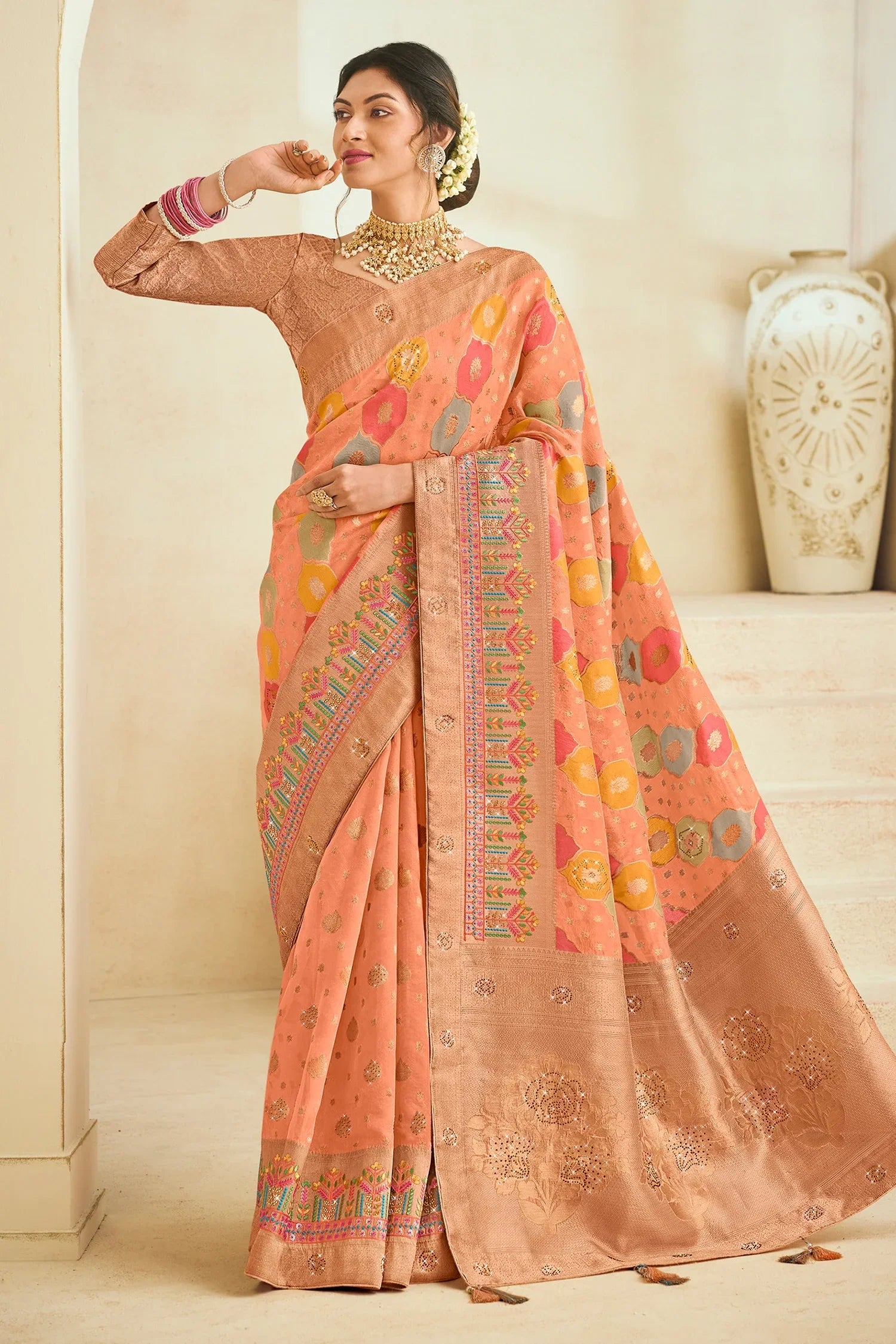 Peach Silk Woven Traditional Saree