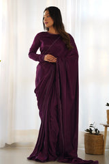 Purple Velvet Plain Saree with Lace
