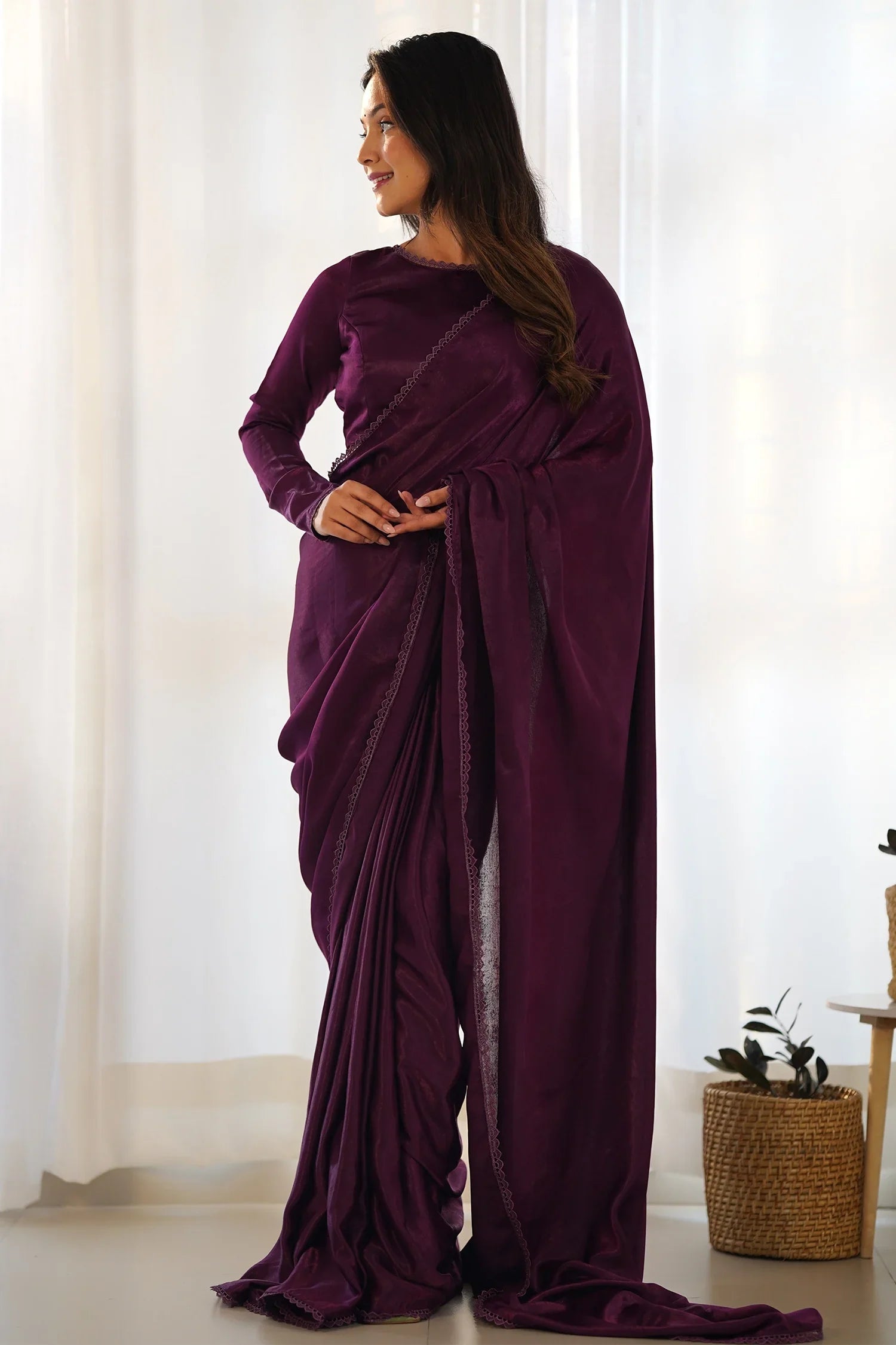 Purple Velvet Plain Saree with Lace