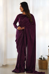 Purple Velvet Plain Saree with Lace