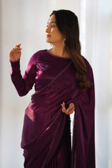 Purple Velvet Plain Saree with Lace