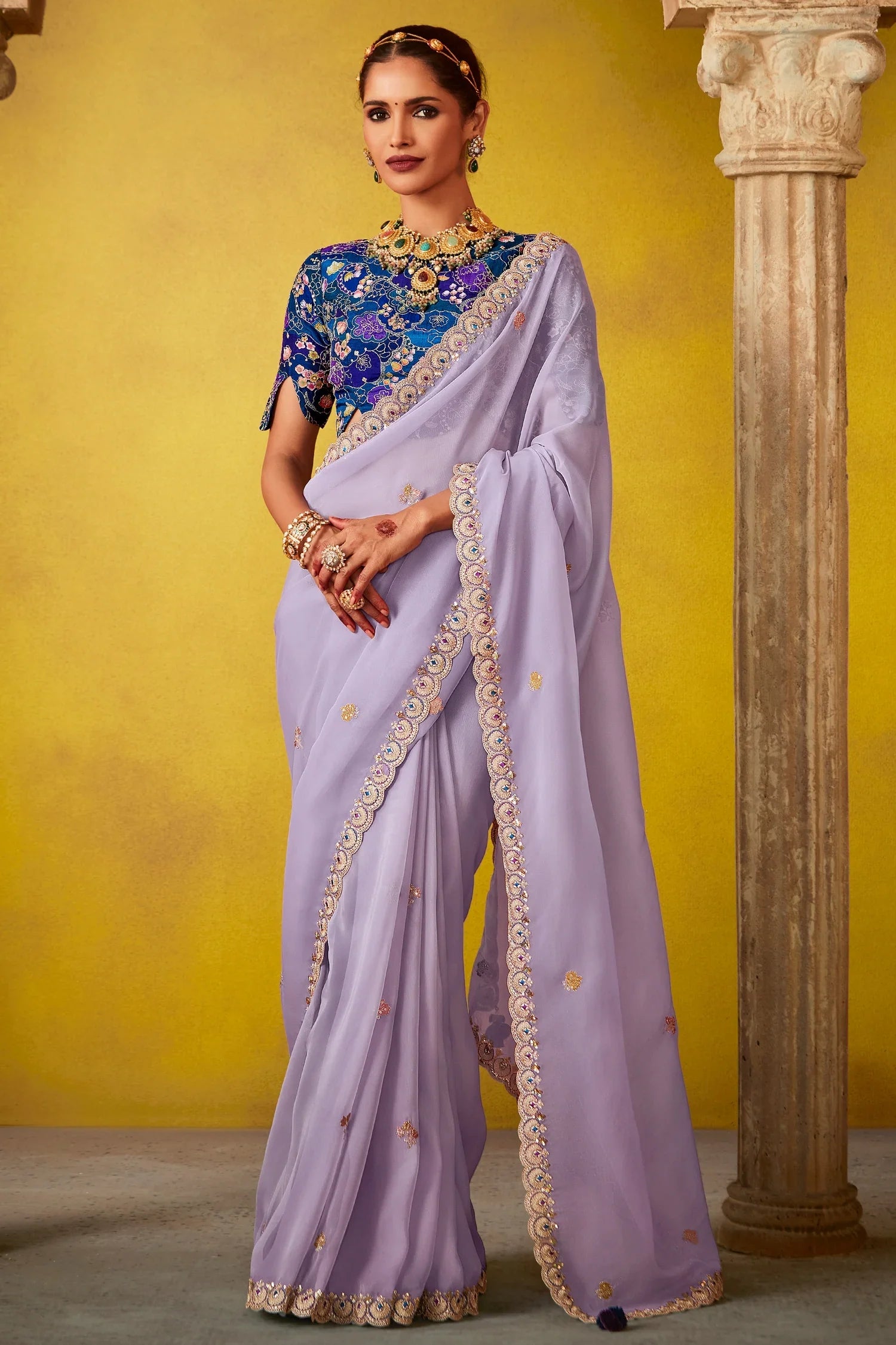Light Purple Glass Tissue Sequin Embroidered Work Saree