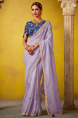 Light Purple Glass Tissue Sequin Embroidered Work Saree