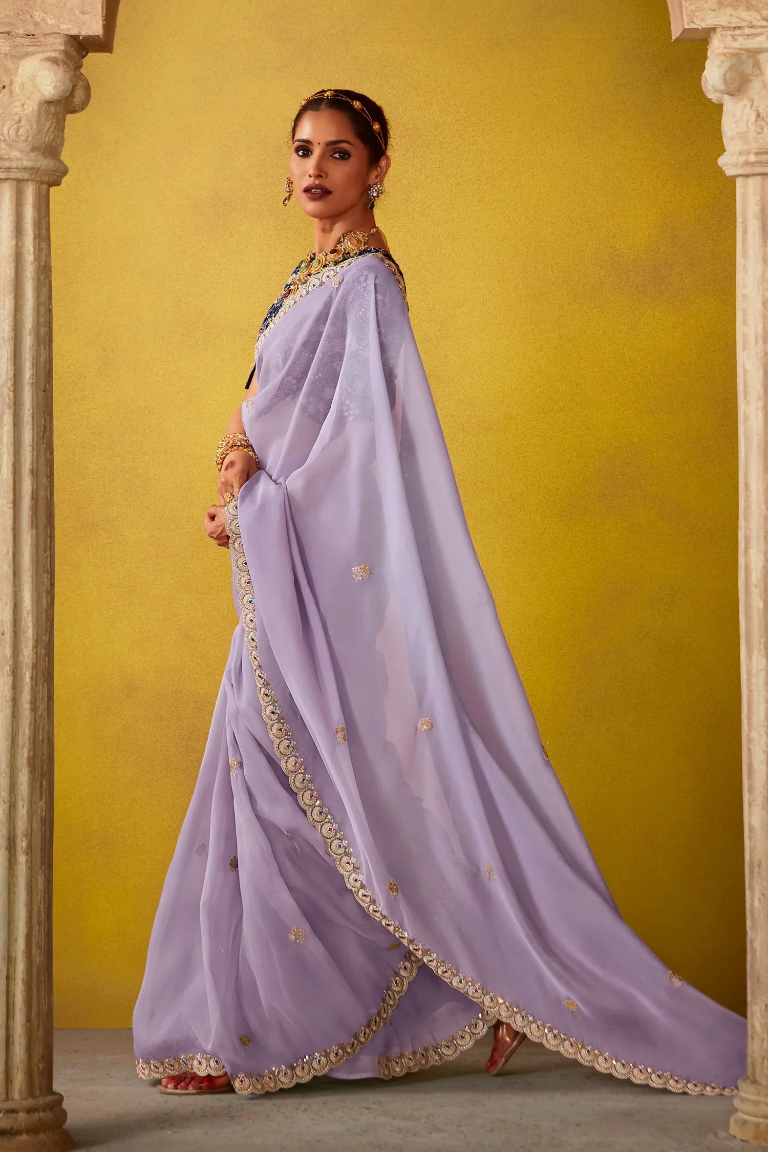 Light Purple Glass Tissue Sequin Embroidered Work Saree