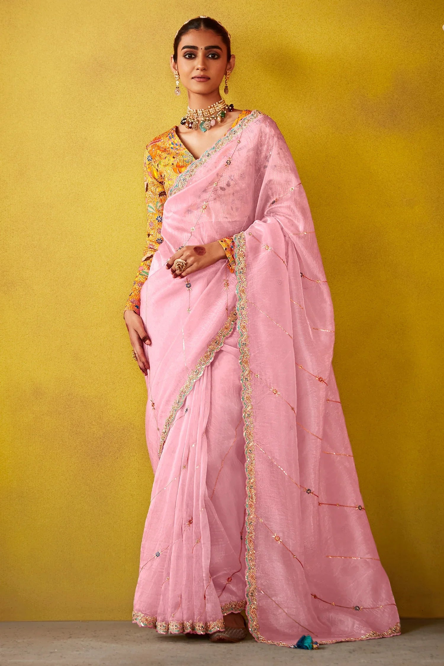 Pink Glass Tissue Sequin Embroidered Work Saree