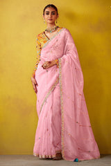Pink Glass Tissue Sequin Embroidered Work Saree