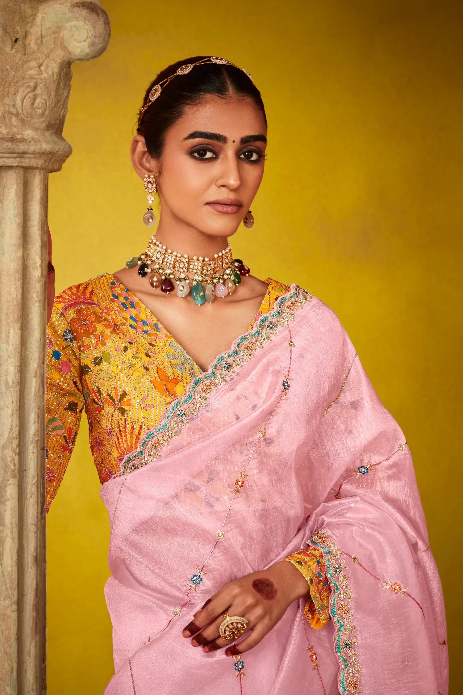 Pink Glass Tissue Sequin Embroidered Work Saree