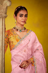 Pink Glass Tissue Sequin Embroidered Work Saree