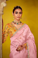 Pink Glass Tissue Sequin Embroidered Work Saree