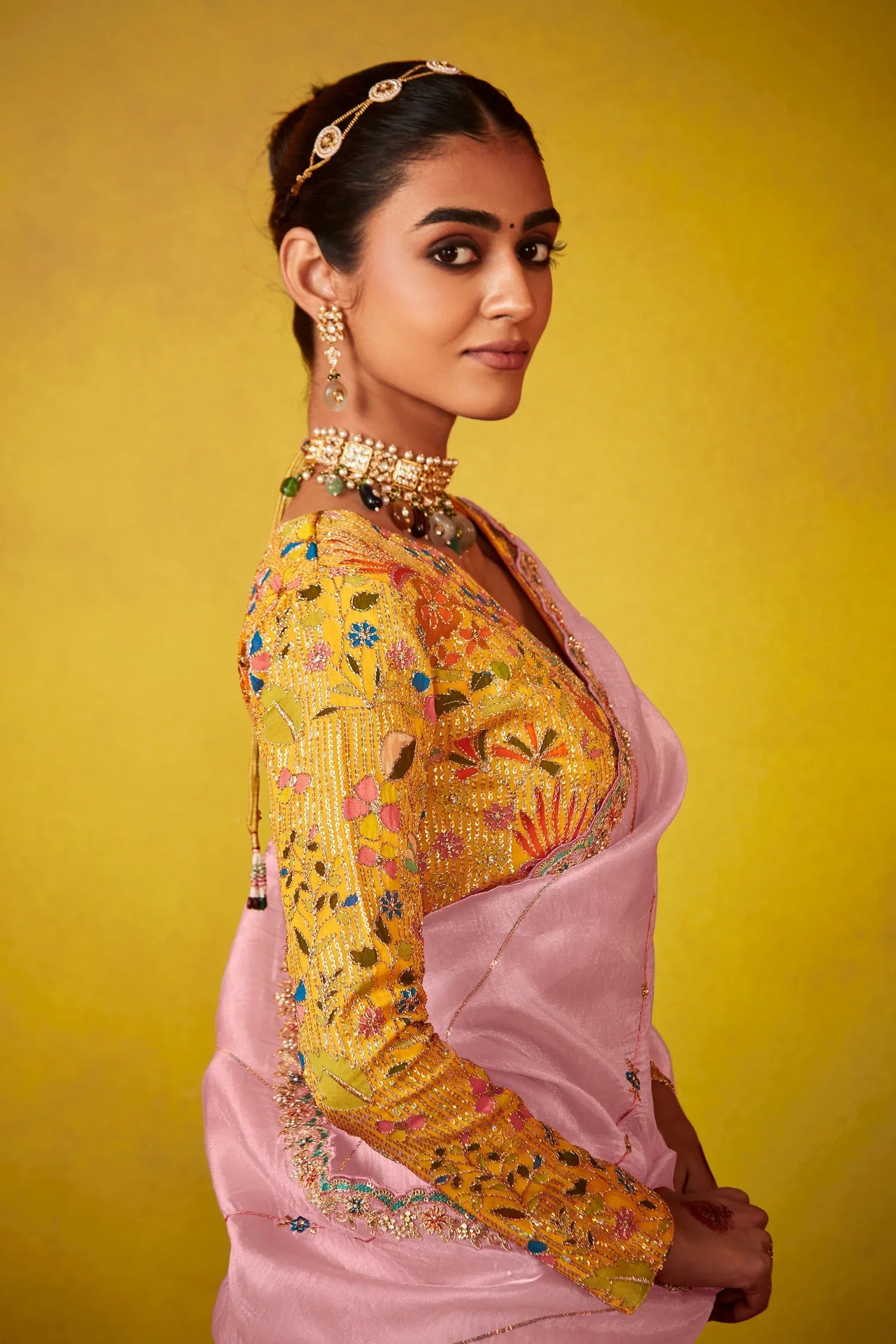 Pink Glass Tissue Sequin Embroidered Work Saree