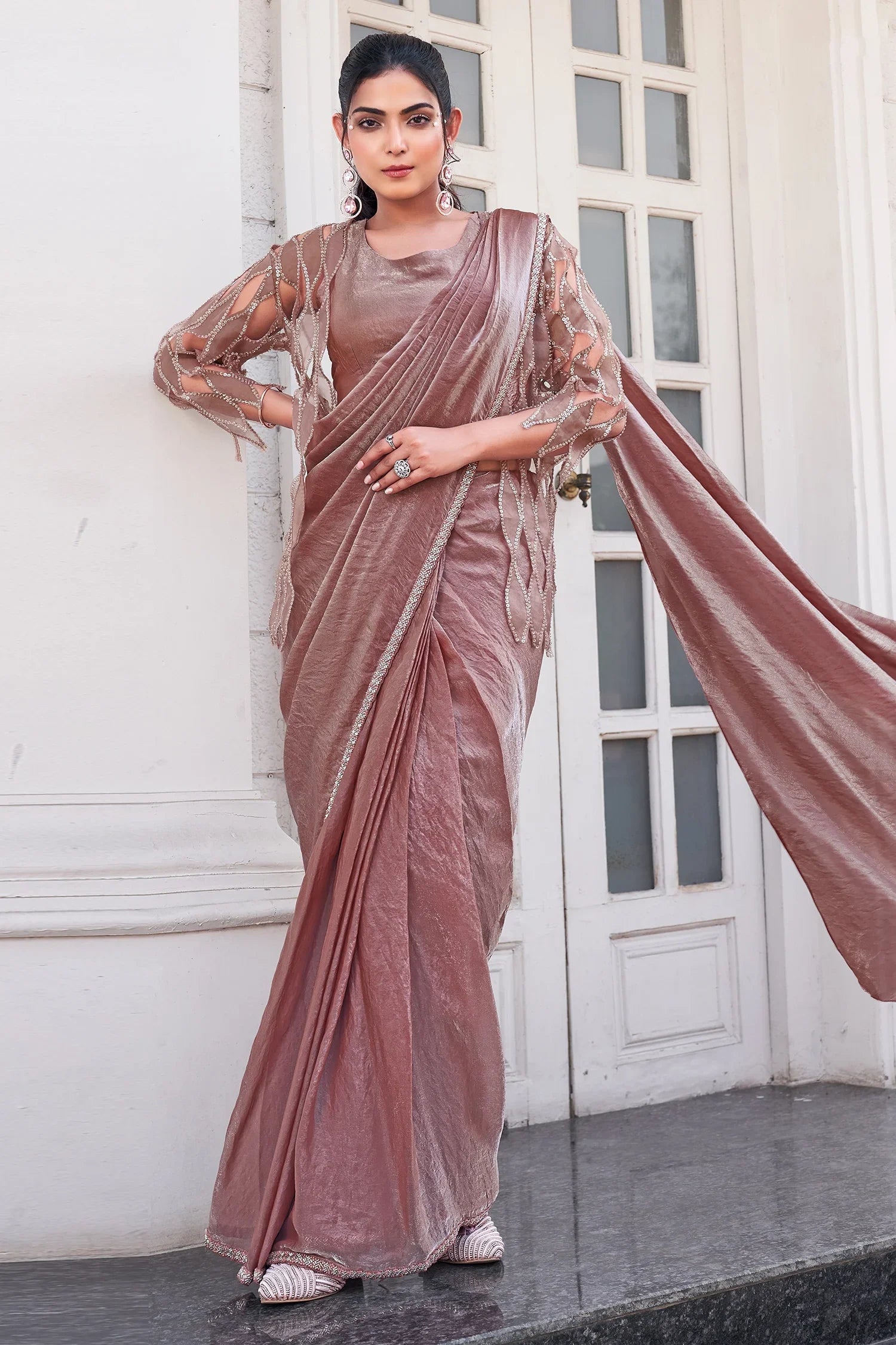 Peach Satin Silk Plain Ready to Wear Saree with Sequinned Work