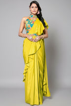Satin Crepe Silk Plain Ruffled Readymade Saree with Halter Neck Blouse - silk saree