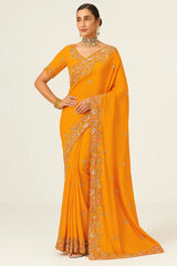 Orange Crepe Saree with Embroidery and Beaded Border