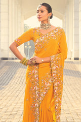 Orange Crepe Saree with Embroidery and Beaded Border