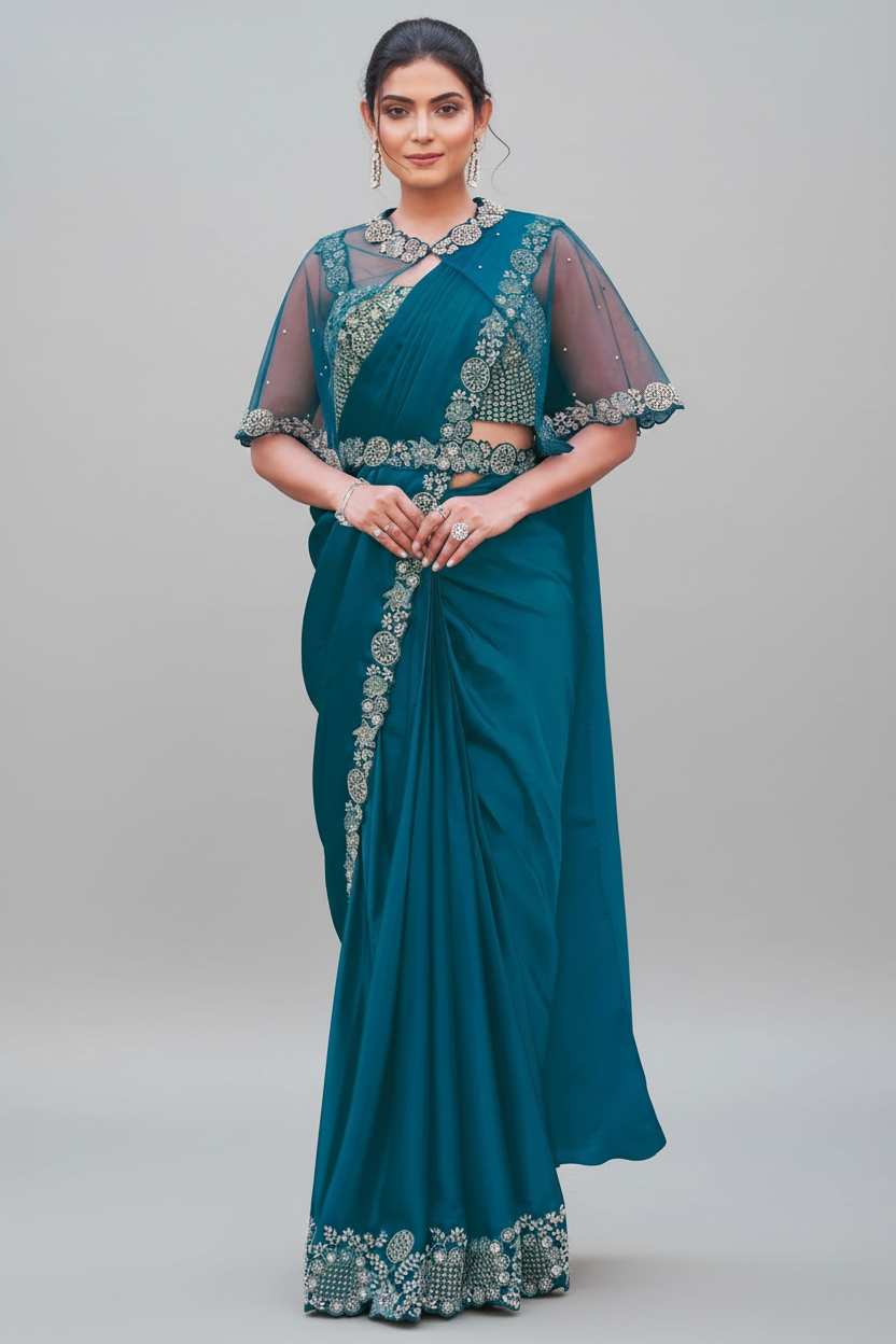 Rama Blue Satin Silk Readymade Saree with Poncho Style Blouse
