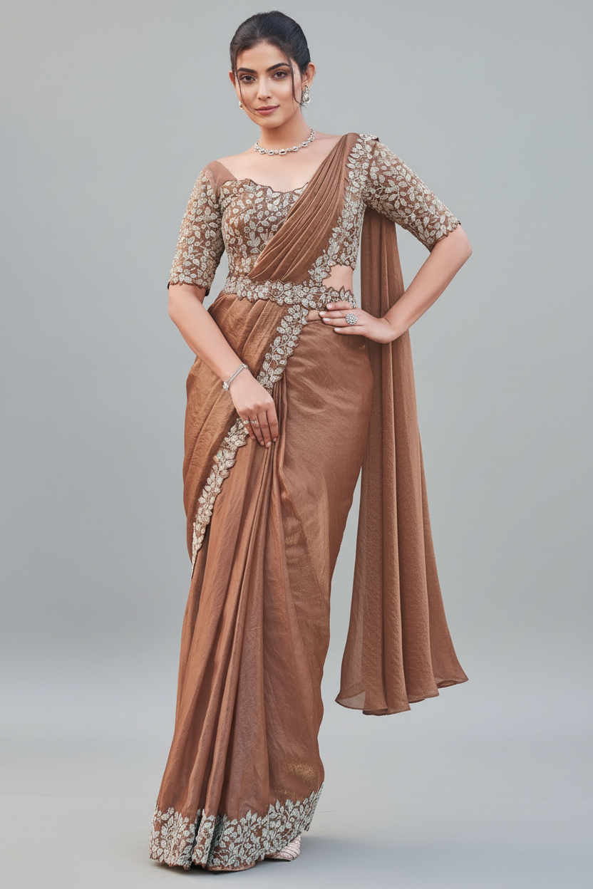Brown Satin Silk Readymade Saree with Sequin and Pearl Work