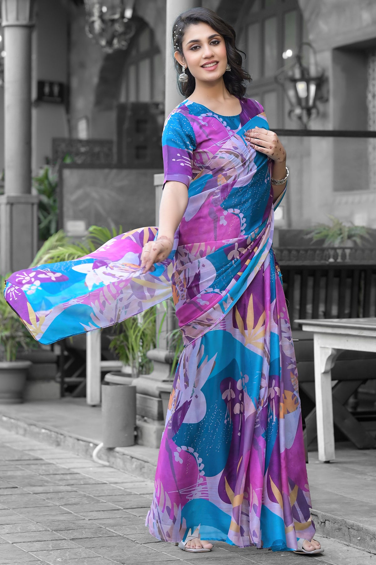 Georgette Printed Readymade Gown Style Saree