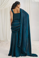 Indigo Dye Blue Organza Beaded Lehenga Pre-Draped Saree with Corset