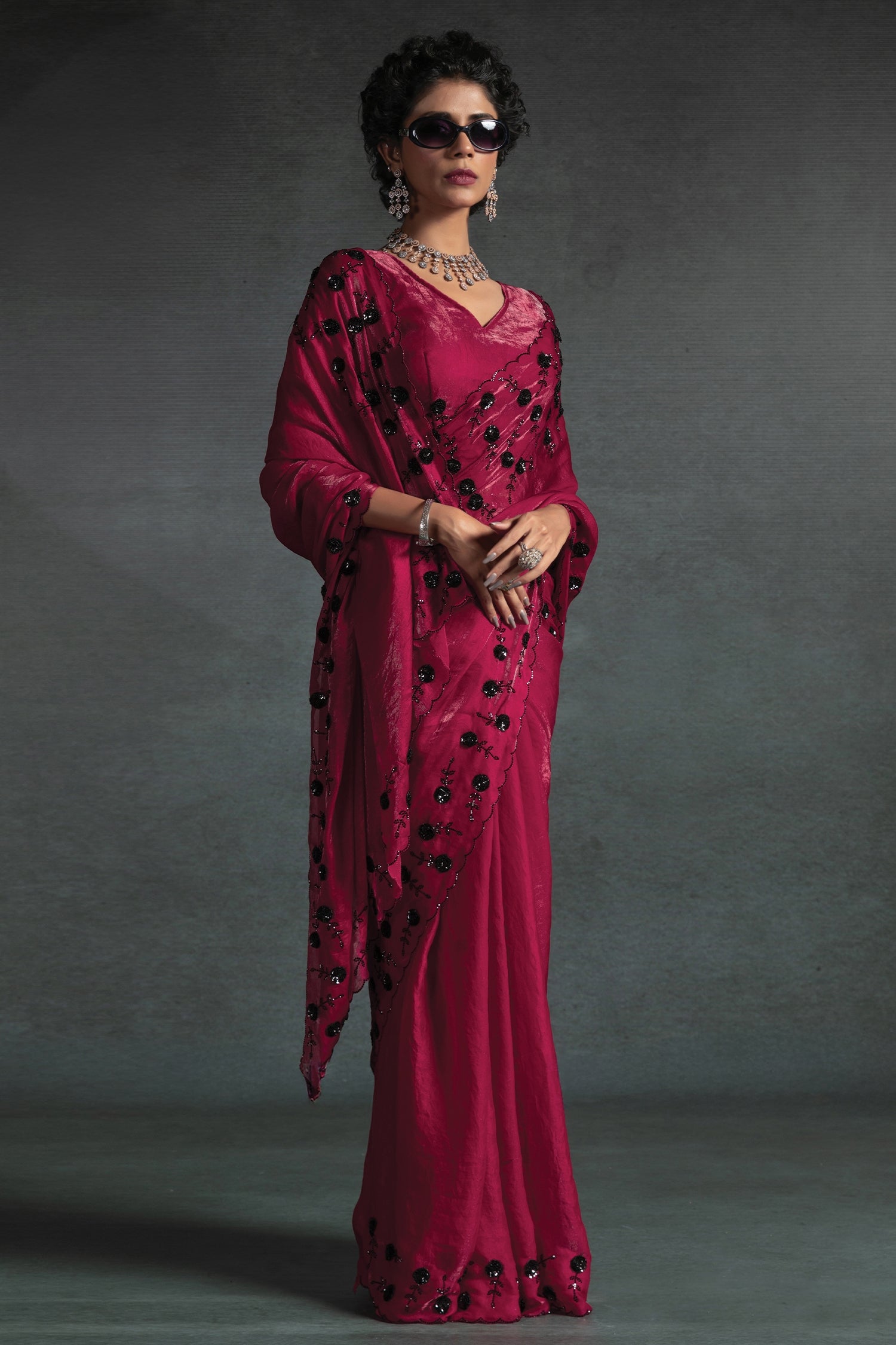 Two Toned Satin Silk Swarovski Worked Saree