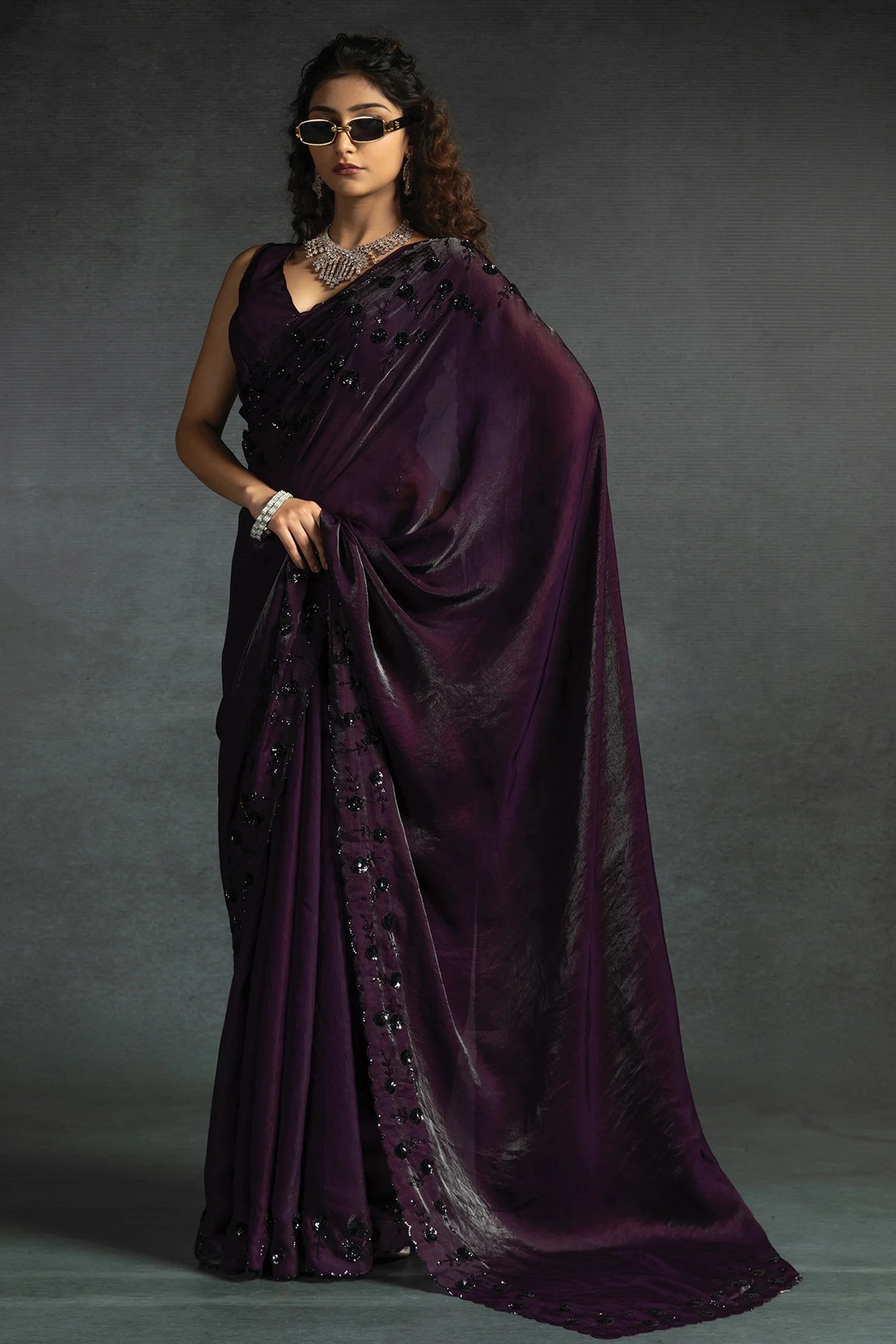 Two Toned Satin Silk Swarovski Worked Saree