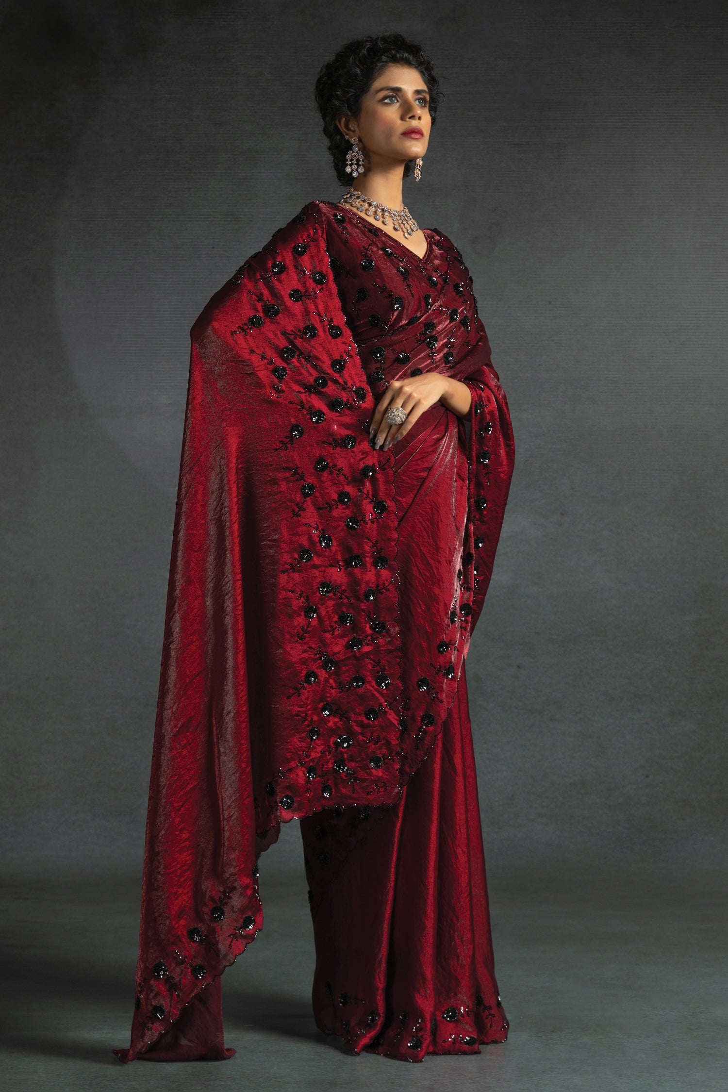 Two Toned Satin Silk Swarovski Worked Saree