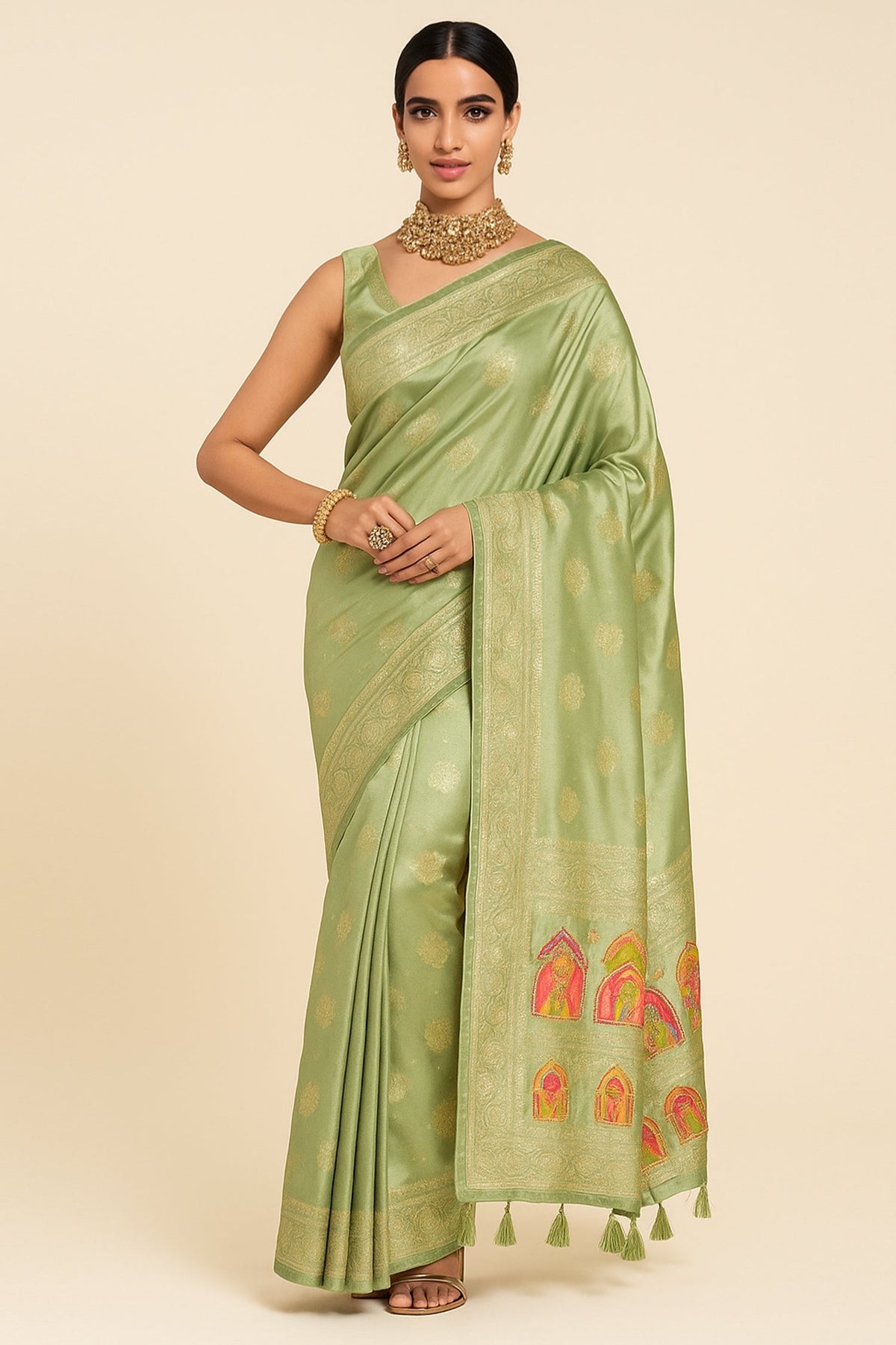 Tissue Silk Traditional Woven Butta Saree with Handwork Border and Pallu