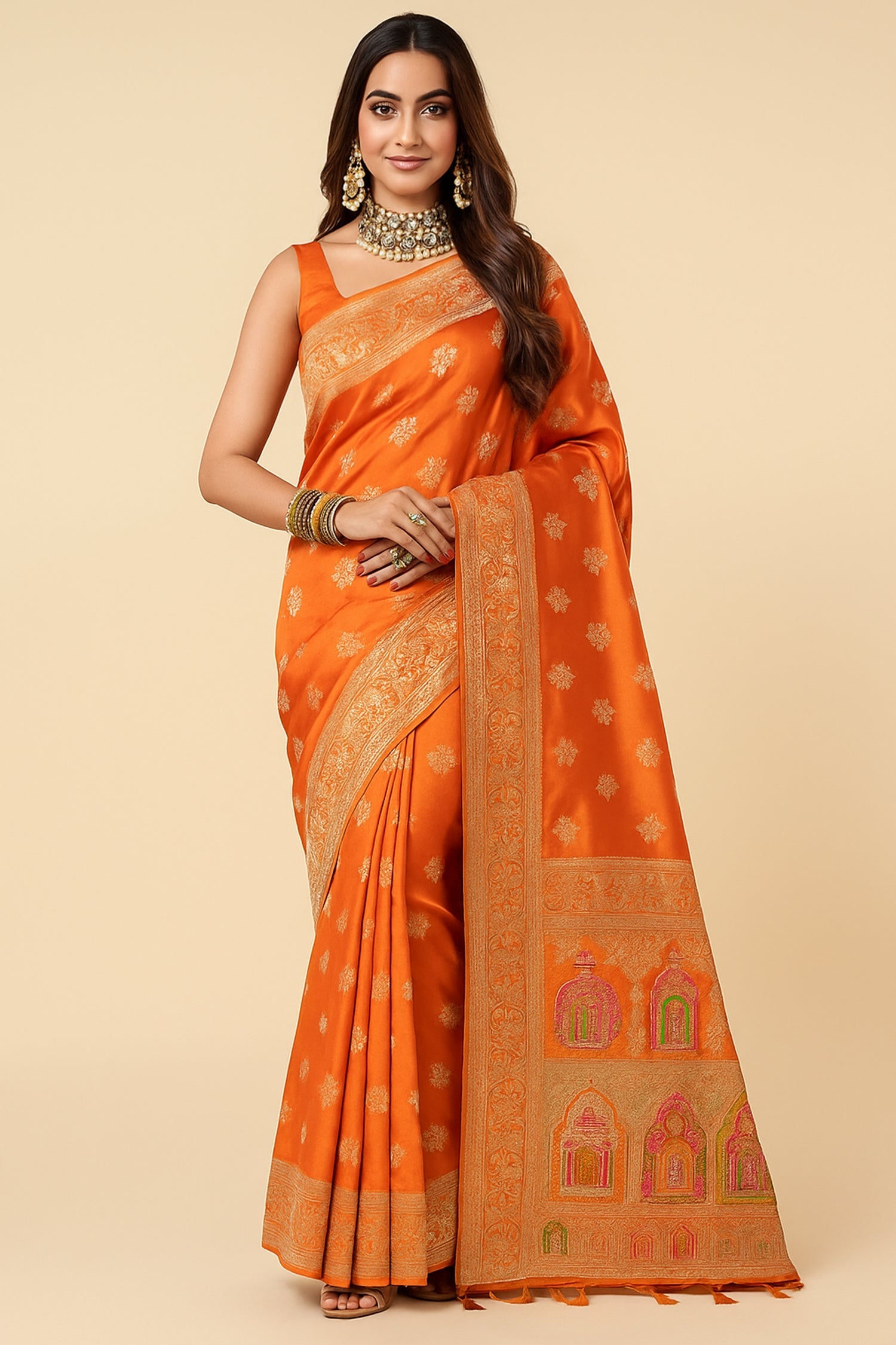 Tissue Silk Traditional Woven Butta Saree with Handwork Border and Pallu