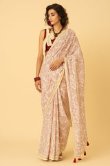 Cream Viscose Mul Cotton Floral Printed Saree