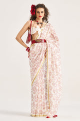 Cream Viscose Mul Cotton Floral Printed Saree
