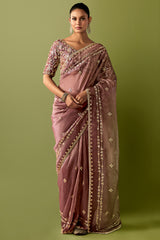 Dusty Rose Pink Organza Tissue Saree with Sequin and Cutdana Work
